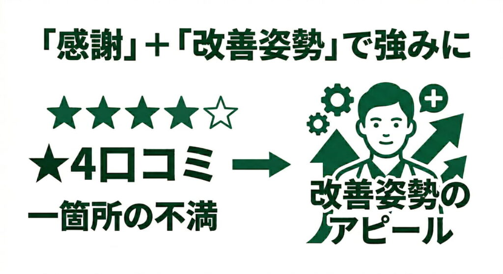 歯科医院の口コミ返信戦略の図解。「高評価(★4)ながら一箇所に不満がある口コミ」に対して、返信で「感謝」と「改善姿勢」をアピールすることで、医院の強みに変えるフローを描いている。