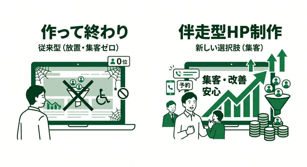 伴走型ホームページ制作のメリット(従来型との比較イメージ)