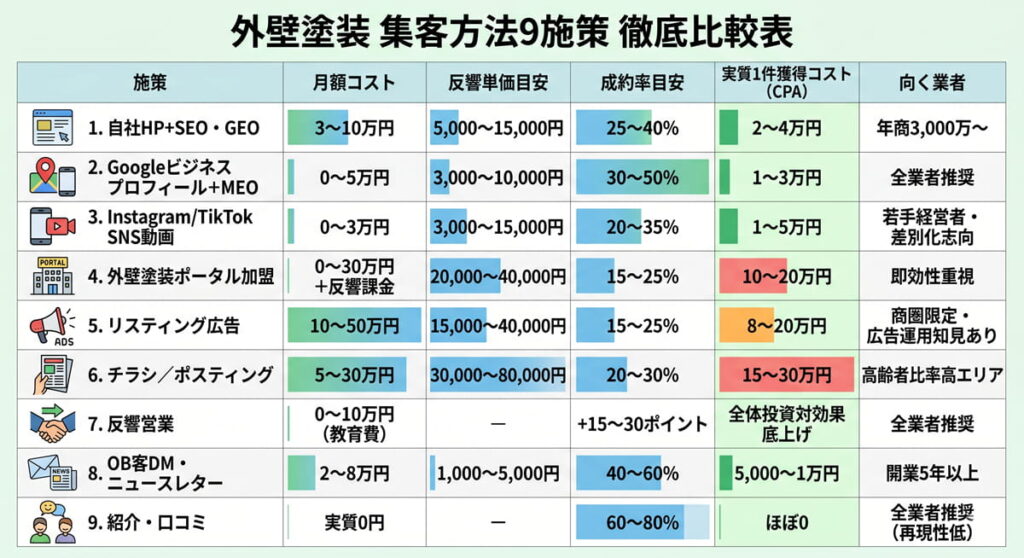 外壁塗装の集客方法9施策（HP、MEO、SNS動画、ポータル、広告、チラシ、OB客、紹介）のコスト、効果（成約率・CPA）、向く業者を一目で比較できる徹底比較表