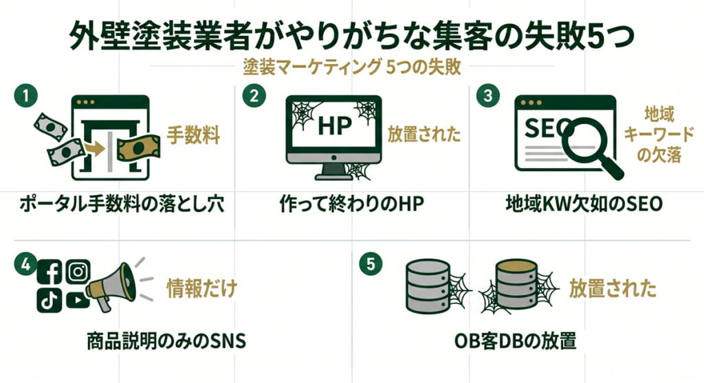 外壁塗装業者がやりがちな集客の失敗5つを示すアイコン図