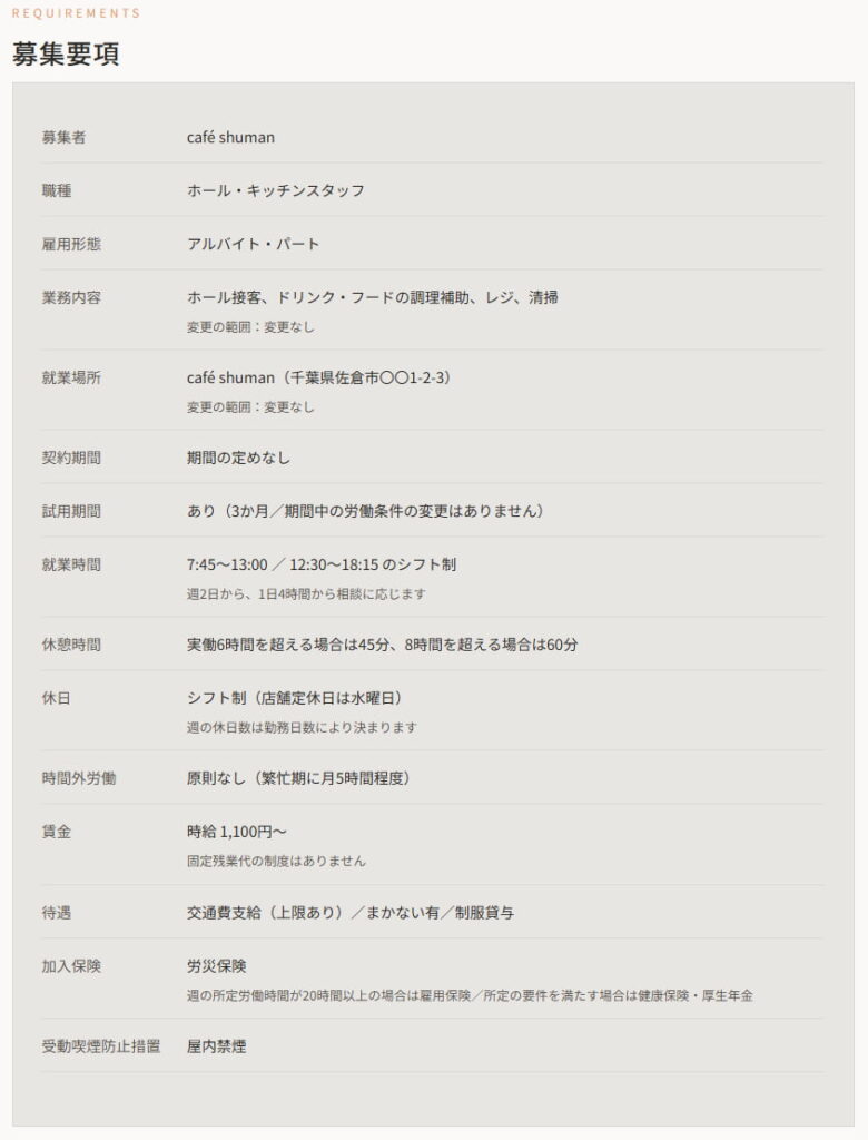 デモサイトとして制作した架空のカフェの募集要項。募集者・職種・業務内容と変更の範囲・就業場所・契約期間・試用期間・就業時間・休憩時間・休日・時間外労働・賃金・待遇・加入保険・受動喫煙防止措置が表で並んでいる