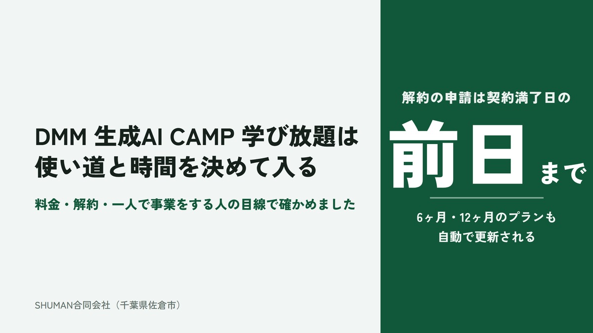 DMM 生成AI CAMP 学び放題は使い道と時間を決めて入るという記事のアイキャッチ。緑のパネルに、解約の申請は契約満了日の前日までで、6ヶ月・12ヶ月のプランも自動で更新されると書かれている
