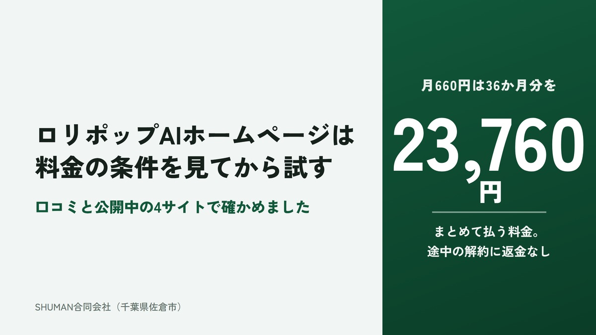 ロリポップAIホームページは料金の条件を見てから試すという記事のアイキャッチ。緑のパネルに、月660円は36か月分を23,760円でまとめて払う料金で、途中の解約に返金はないと書かれている