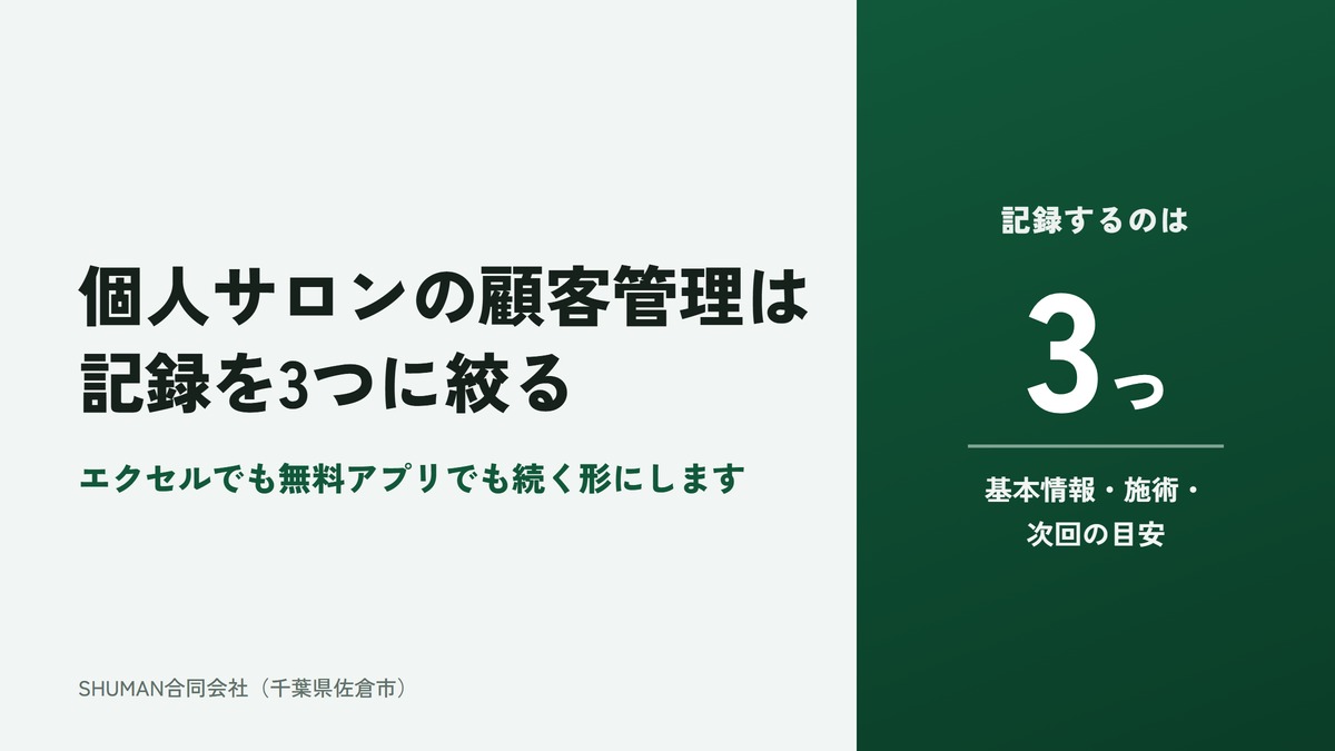 個人サロンの顧客管理は記録を3つに絞るという記事のアイキャッチ。緑のパネルに記録するのは基本情報、施術、次回の目安の3つと書かれている