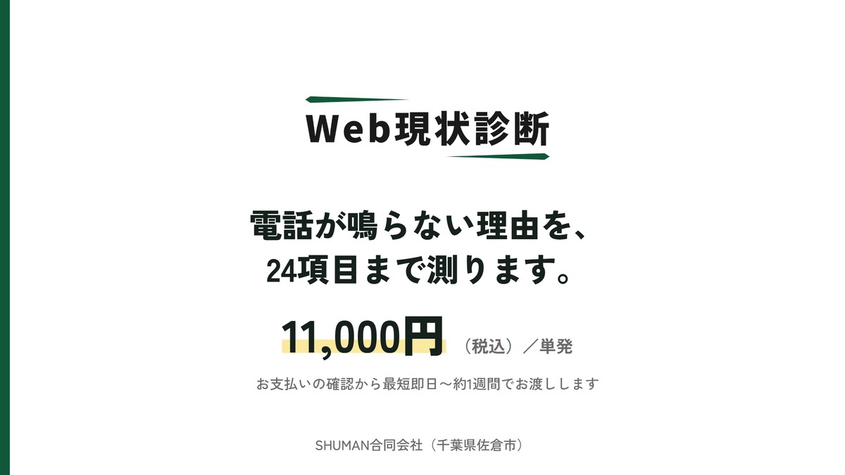 Web現状診断のアイキャッチ。サービスロゴの下に「電話が鳴らない理由を、24項目まで測ります。」と書かれ、11,000円（税込）／単発、お支払いの確認から最短即日から約1週間でお渡しします、と続く。