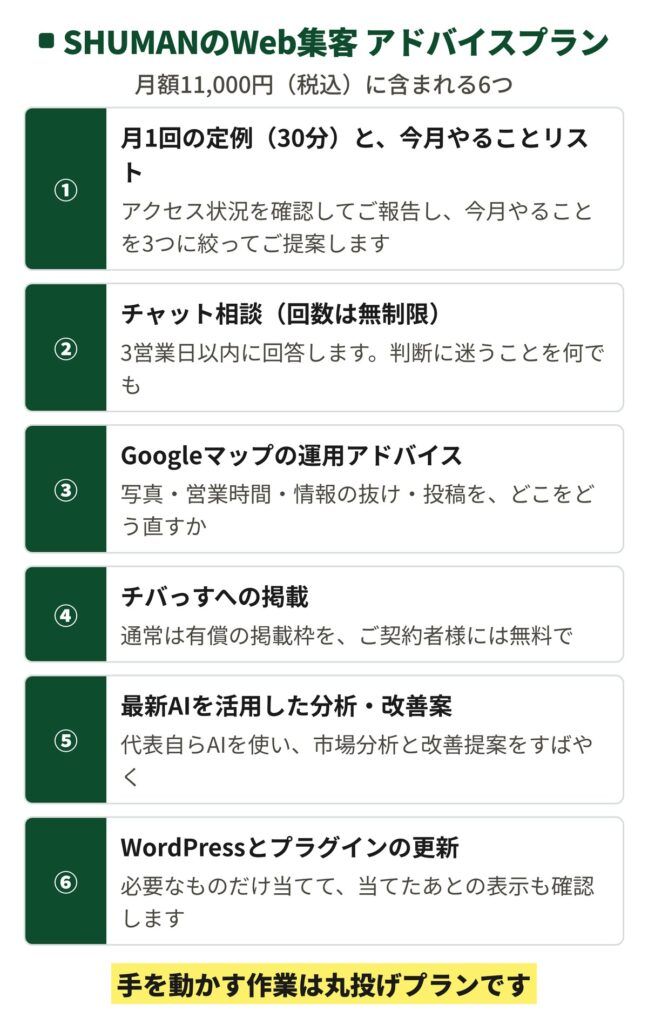 SHUMANのWeb集客 アドバイスプラン（月額11,000円・税込）に含まれる6つの一覧図。①月1回の定例と今月やることリスト、②チャット相談（回数は無制限）、③Googleマップの運用アドバイス、④チバっすへの掲載、⑤最新AIを活用した分析・改善案、⑥WordPressとプラグインの更新