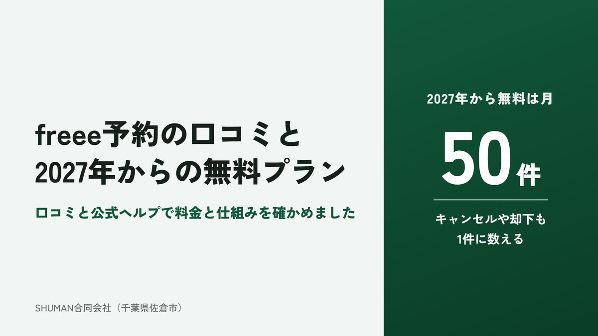 freee予約の口コミと2027年からの無料プラン。2027年から無料プランは月50件まで、キャンセルや却下も1件に数える。SHUMAN合同会社（千葉県佐倉市）。